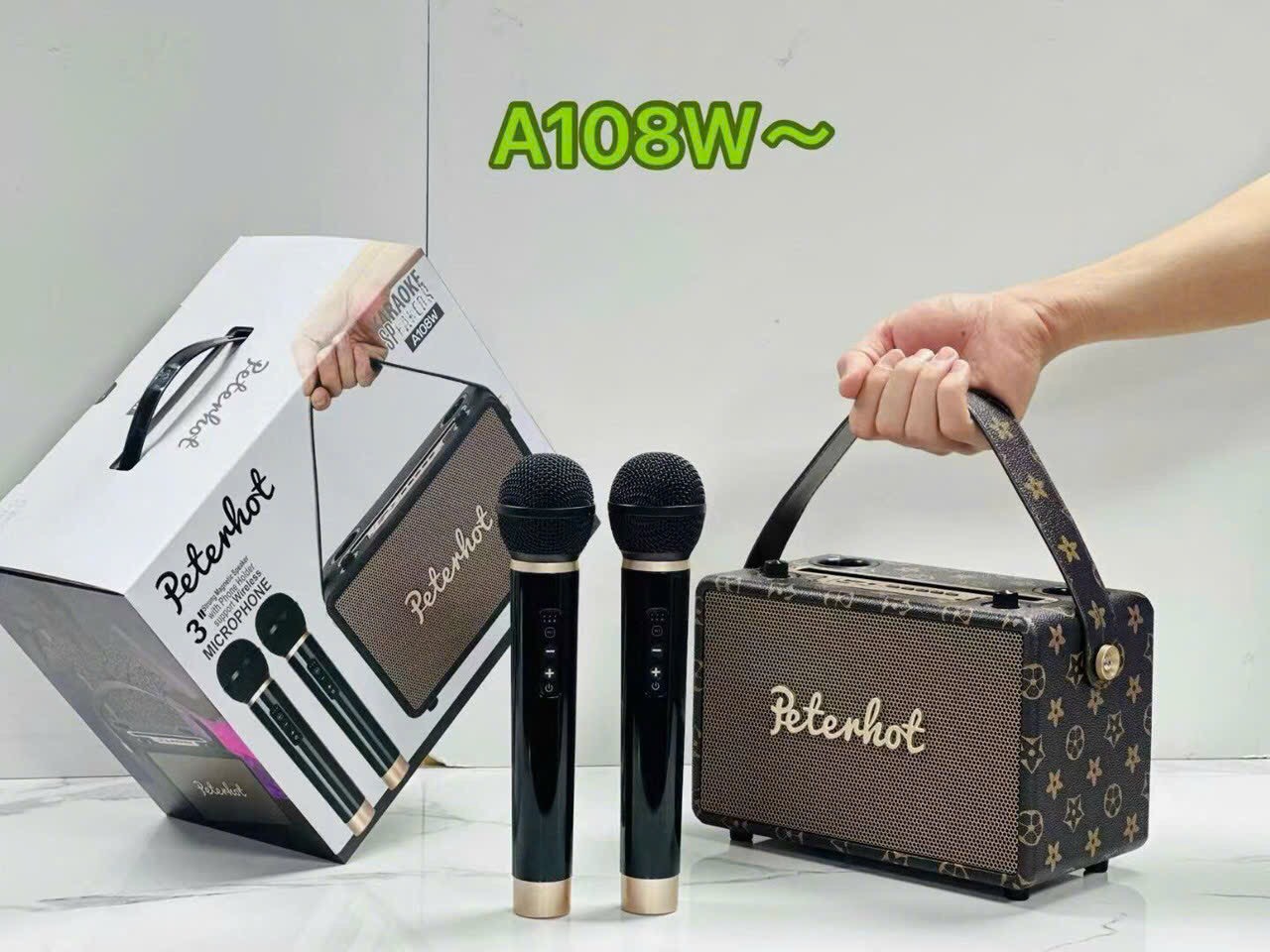 Loa karaoke Bluetooth PETERHOT A108W - kèm 2Micro không dây Cổng typeC -Hàng Chính Hãng
