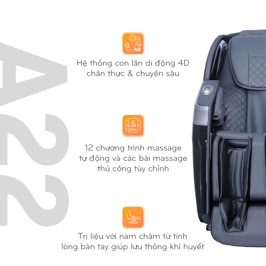 Ghế massage toàn thân ABCSport A22 black công nghệ massage 4D PRO, 12 bài massage tự động, điều khiển bằng giọng nói