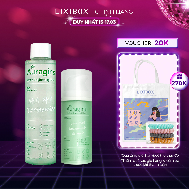 Combo Gel Dưỡng Ẩm The Auragins Và Nước Cân Bằng Sáng Da, Ngừa Mụn AHA PHA (Full Size)