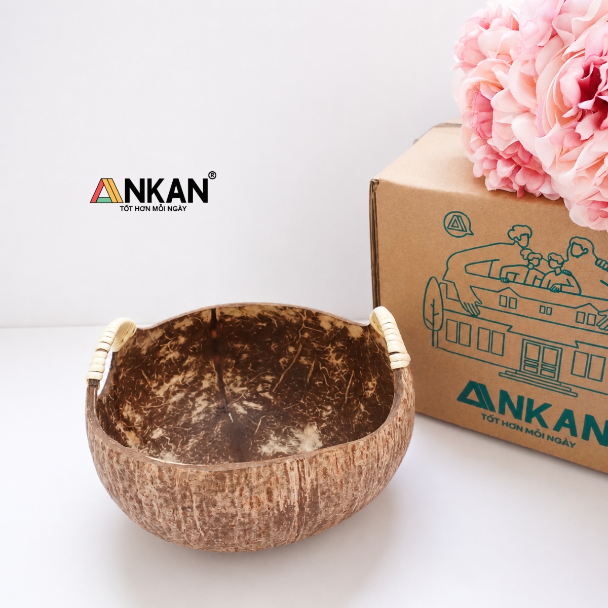 Bát Gáo Dừa Có Quai ANKAN Tô Gỗ Dừa Handmade – Decor Vintage Đựng Trái Cây, Snack, Nến Thơm