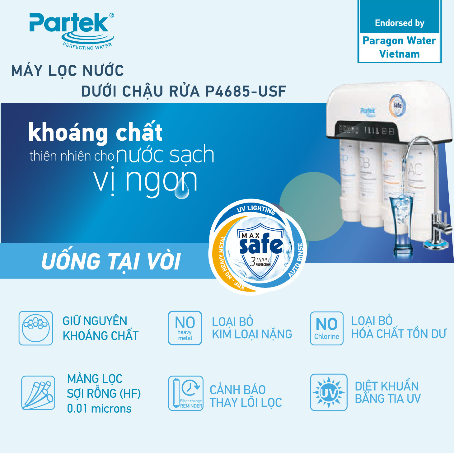 Máy lọc nước uống Partek P4685-USF màng sợi rỗng 5 bước vượt trội hàng chính hãng