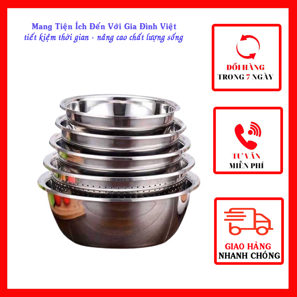 Bộ Thau Rổ Inox Nhà Bếp 5 Món Bằng Inox Đủ Size Từ 18 - 26Cm Tiện Dụng, Dày Dặn cho nhà bếp - Cao Cấp