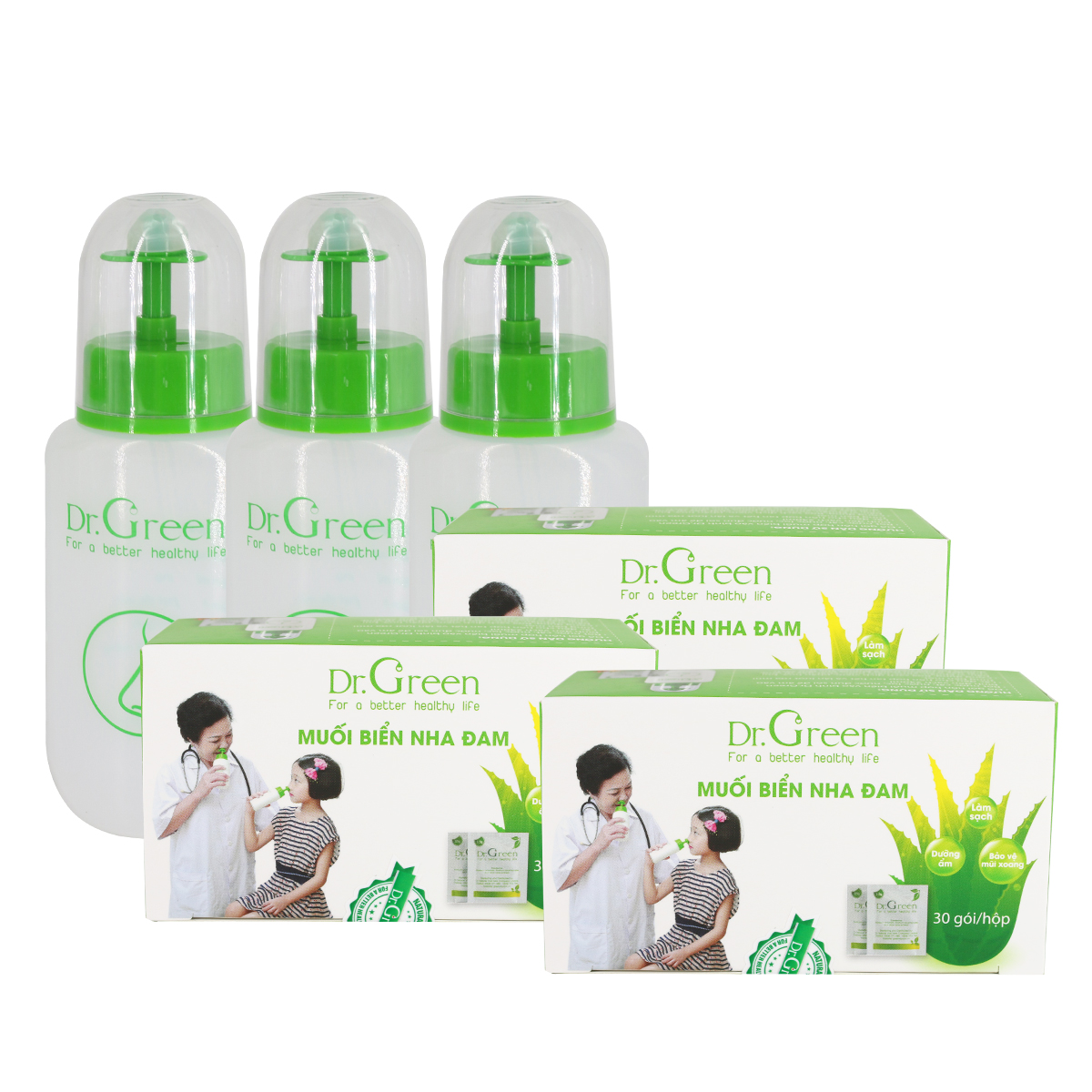 Bộ Rửa Mũi Dr.Green - (Combo Đại Gia Đình 3 Bình + 90 Gói Muối )