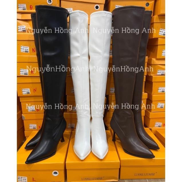 Hàng cao cấp Bốt  Đùi da lì mũi nhọn kéo khoá sau gót cao 7p  cho nữ