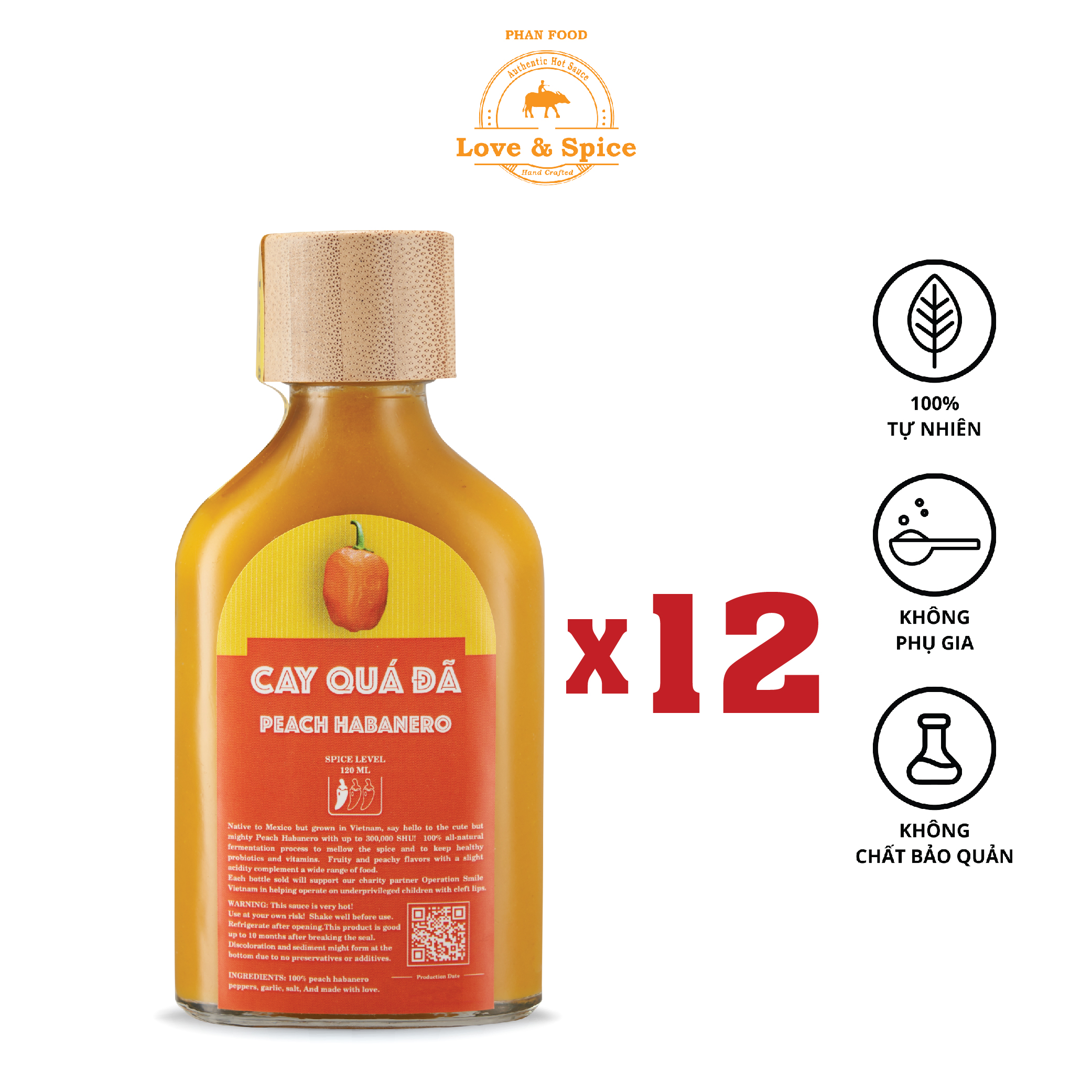 CAY QUÁ ĐÃ - Combo 12 chai tương ớt siêu cay Love & Spice  lên men tự nhiên từ ớt Peach Habanero chai 120ml x 12