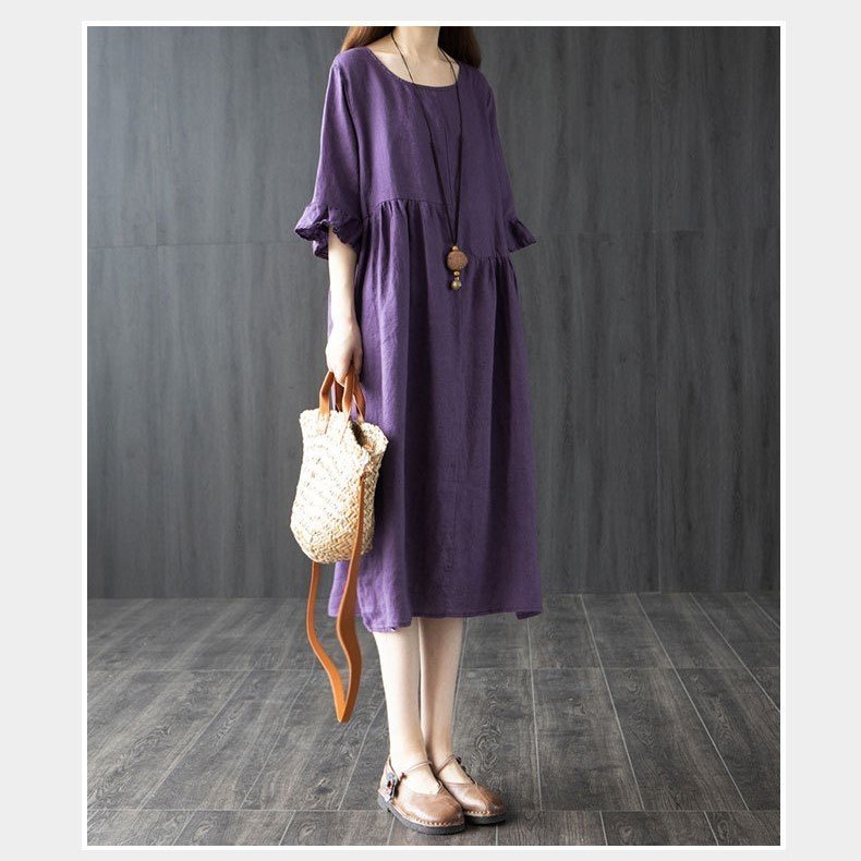 Đầm suông nữ Linen cổ tròn tay loe thời trang, form rộng dài , thiết kế cắt ghép độc đáo AH200
