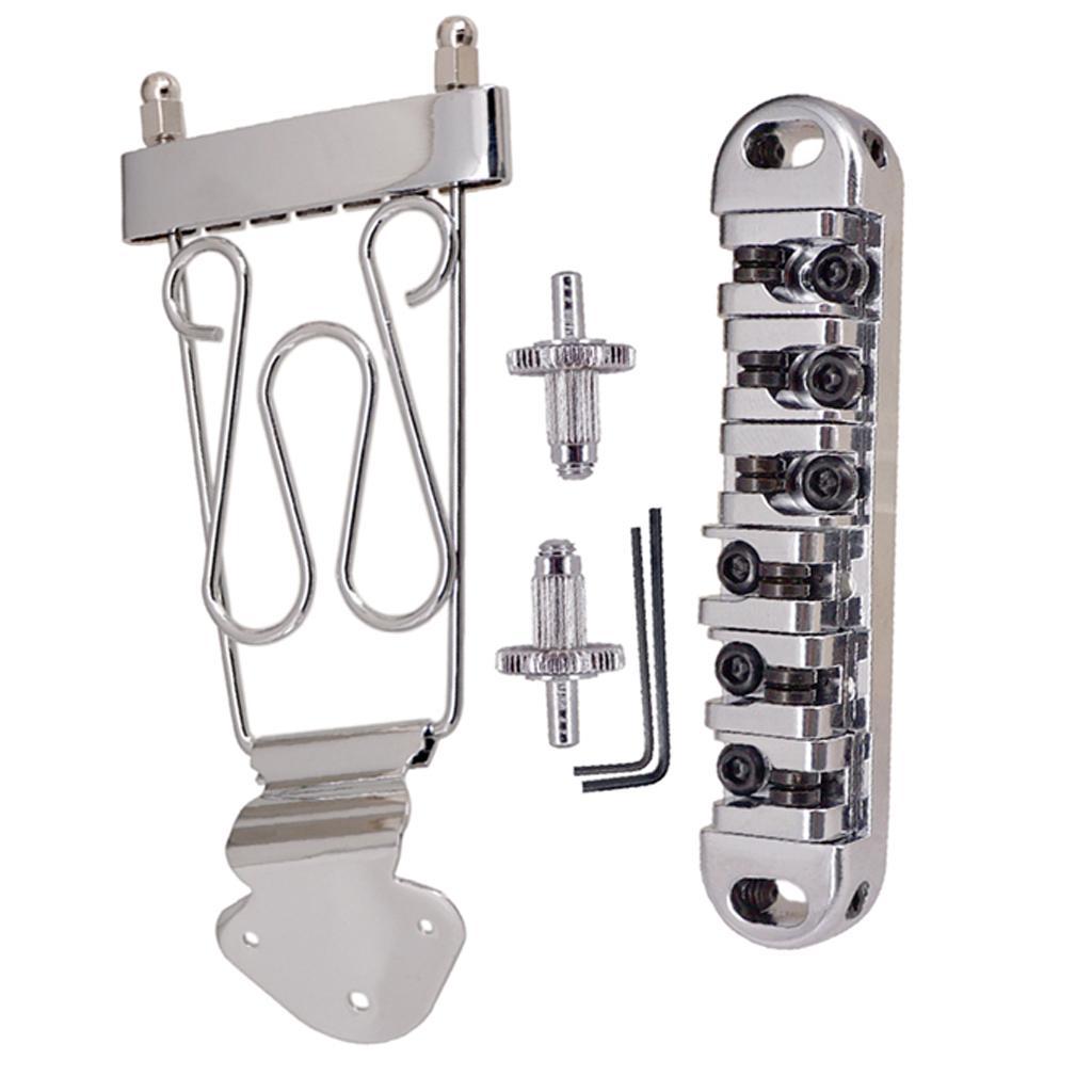 6 String Guitar Trapeze Tailpiece Bridge with Roller Saddle Bridge, Lock Posts and Wrench for Jazz Archtop Guitar
