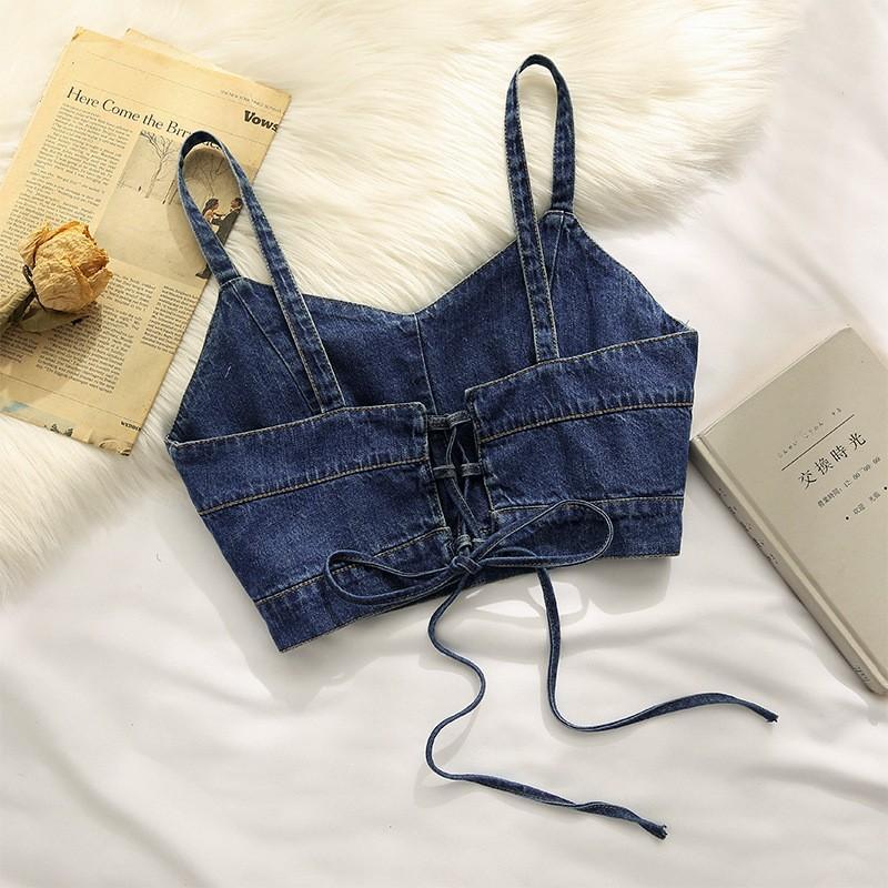 MS938 Áo hai dây denim, áo bò buộc dây mix váy áo siêu xinh