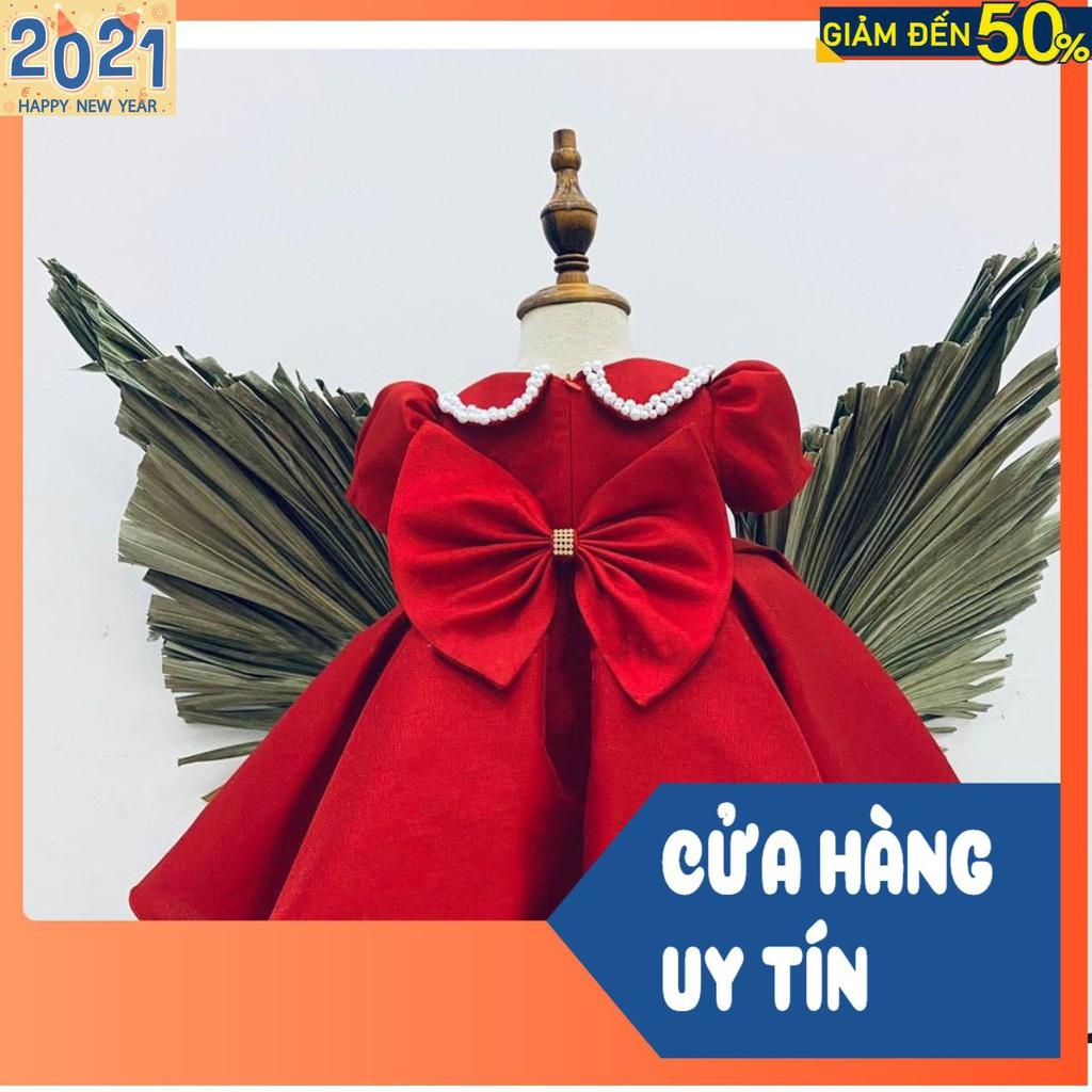 VÁY ĐỎ CỔ VIỀN REN NƠ LƯNG CHO BÉ GÁI