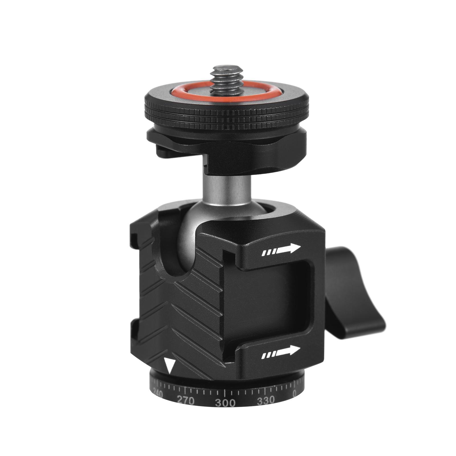 Multi-functional Mini Ball Head 360°Rotatable Aluminum Alloy Ballhead Adapter Tripod Head 1/4 Inch Screw and Cold Shoe Connection with Dual Side Cold Shoe Mounts for DSLR Camera LED Video Light Microphone