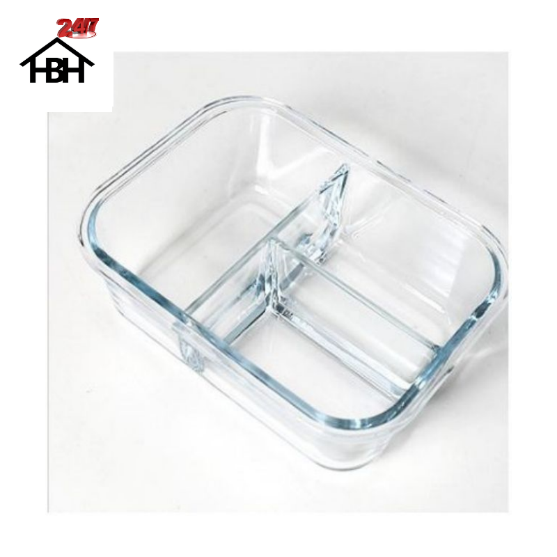 Hộp thủy tinh 3 ngăn đựng cơm tặng kèm thố tròn đựng canh và thìa inox