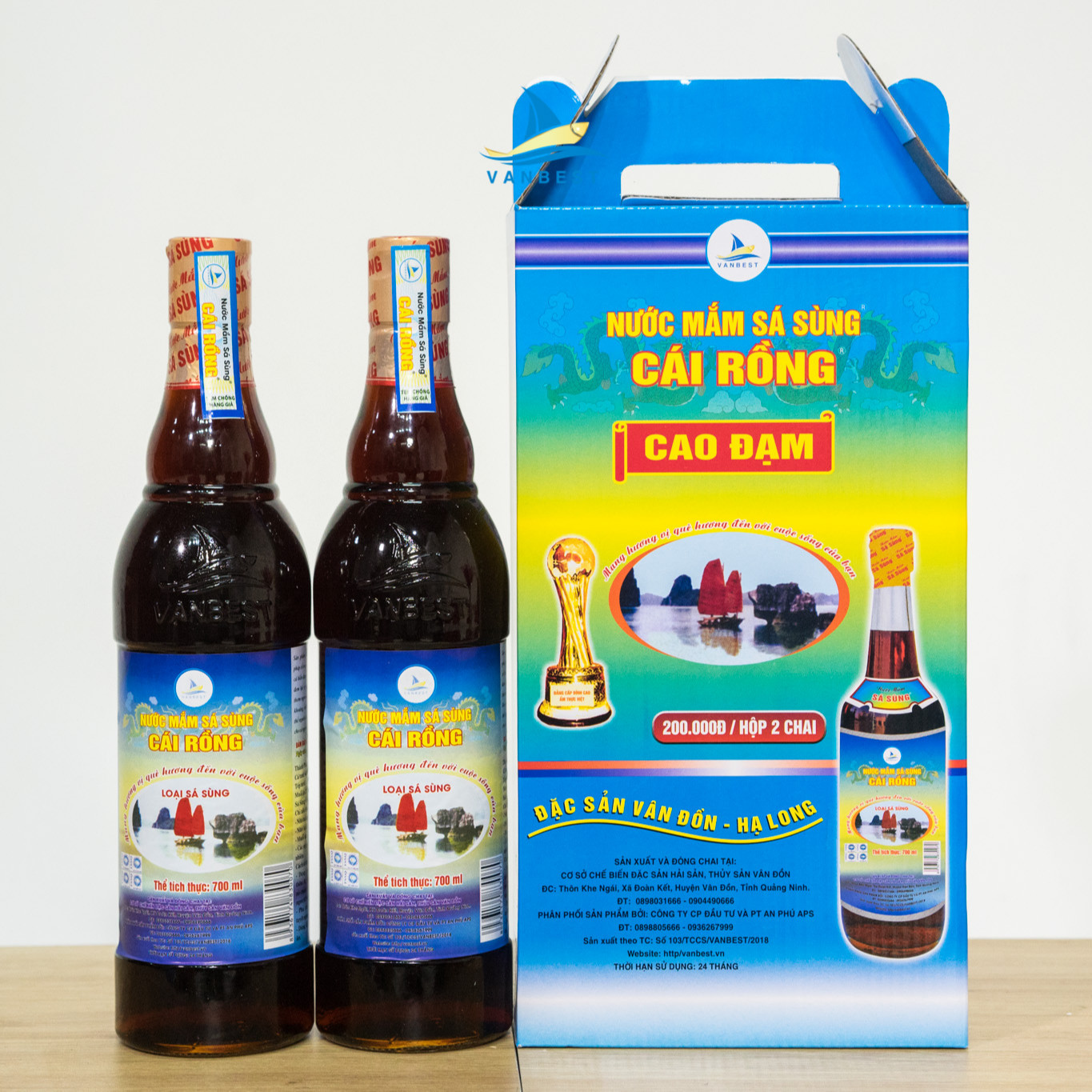 Nước mắm sá sùng Vân Đồn độ đạm 28N hộp 2 chai 700ml, nước mắm sá sùng an toàn cho sức khỏe nấu mọi món ăn Vanbest đặc sản Quảng Ninh