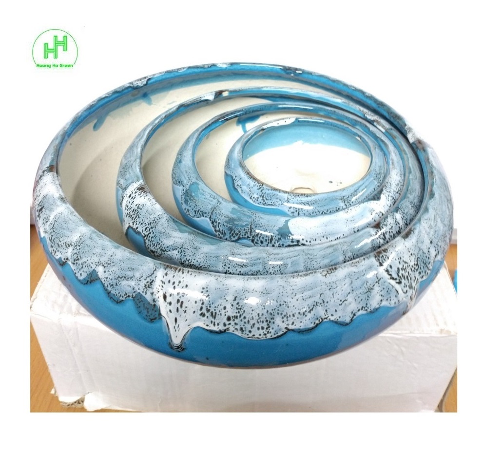 Bộ 4 Chậu gốm sứ BT trồng hoa, cây bonsai đủ kích thước, hoa văn độc đáo - Màu xanh ngọc bích