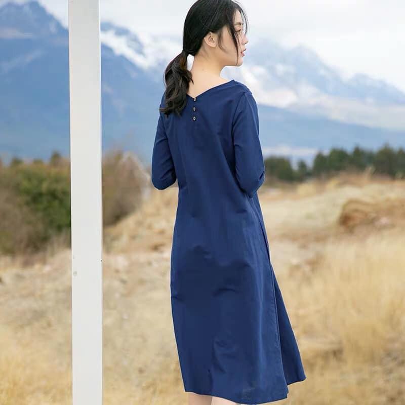 Đầm suông linen dáng chữ A cổ V tay lỡ xanh than, chất thô mềm mát, thời trang phong cách Hàn Quốc