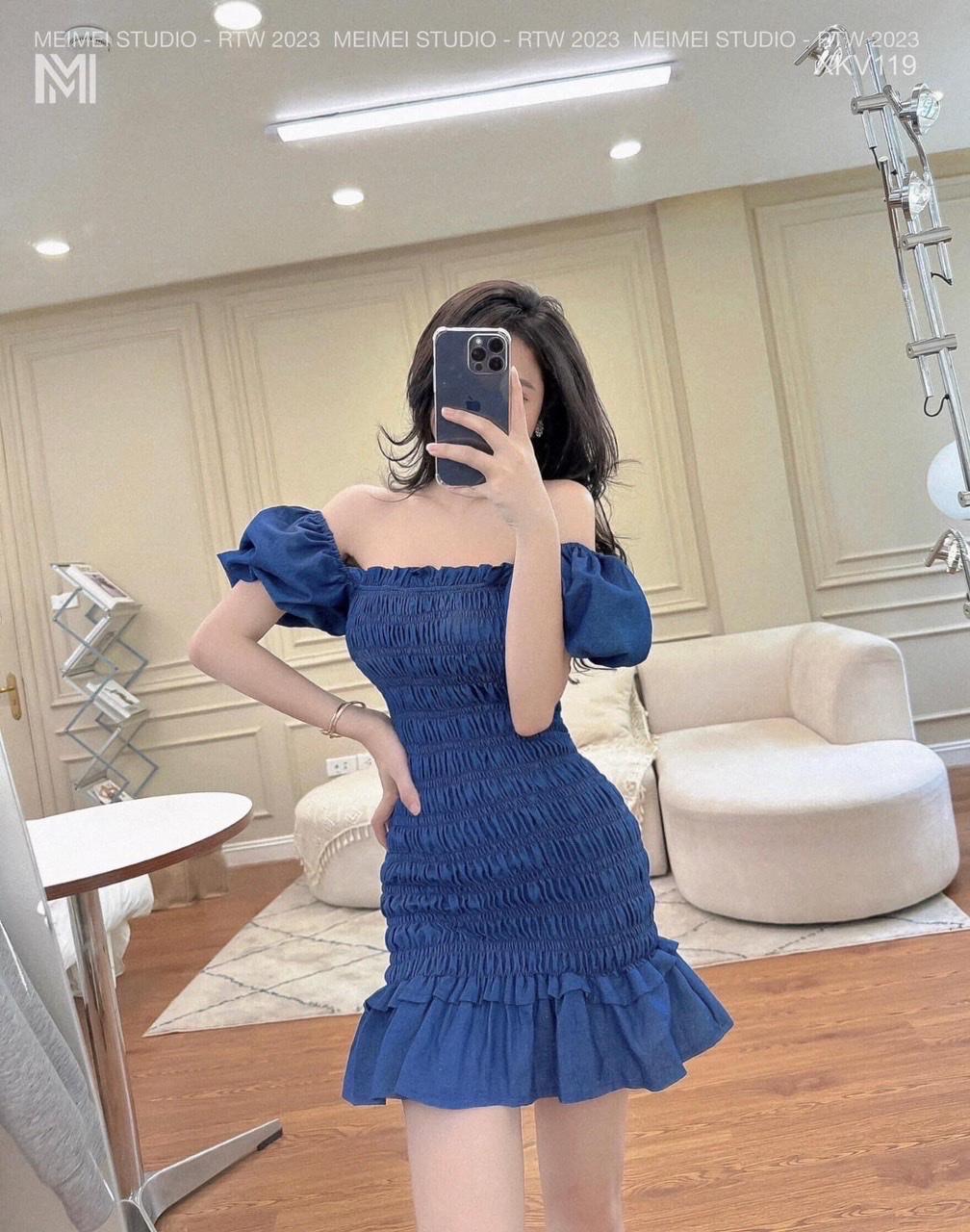 VÁY ĐI CHƠI, VÁY ĐI TIỆC, VÁY JEAN CHUN 2 MÀU BẸC VAI ĐUÔI CÁ CỰC HOT
