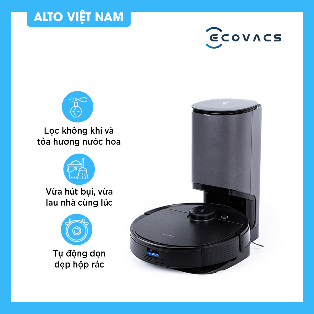 Robot hút bụi lau nhà Ecovacs Deebot T9 Aivi Plus Phiên bản nâng cấp của T8 Aivi Plus Tự dọn hộp rác Lau hút đồng thời Tích hợp lọc không khí và tỏa hương thơm Công nghệ lau rung loại bỏ vi khuẩn Hàng Chính Hãng