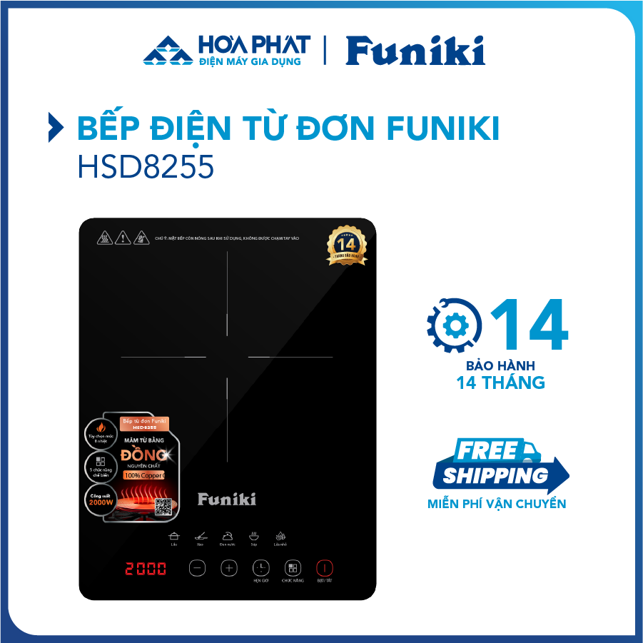 Bếp từ đơn Funiki HSD8255 - Công suất 2000W - Bảo hành 14 tháng - Hàng chính hãng