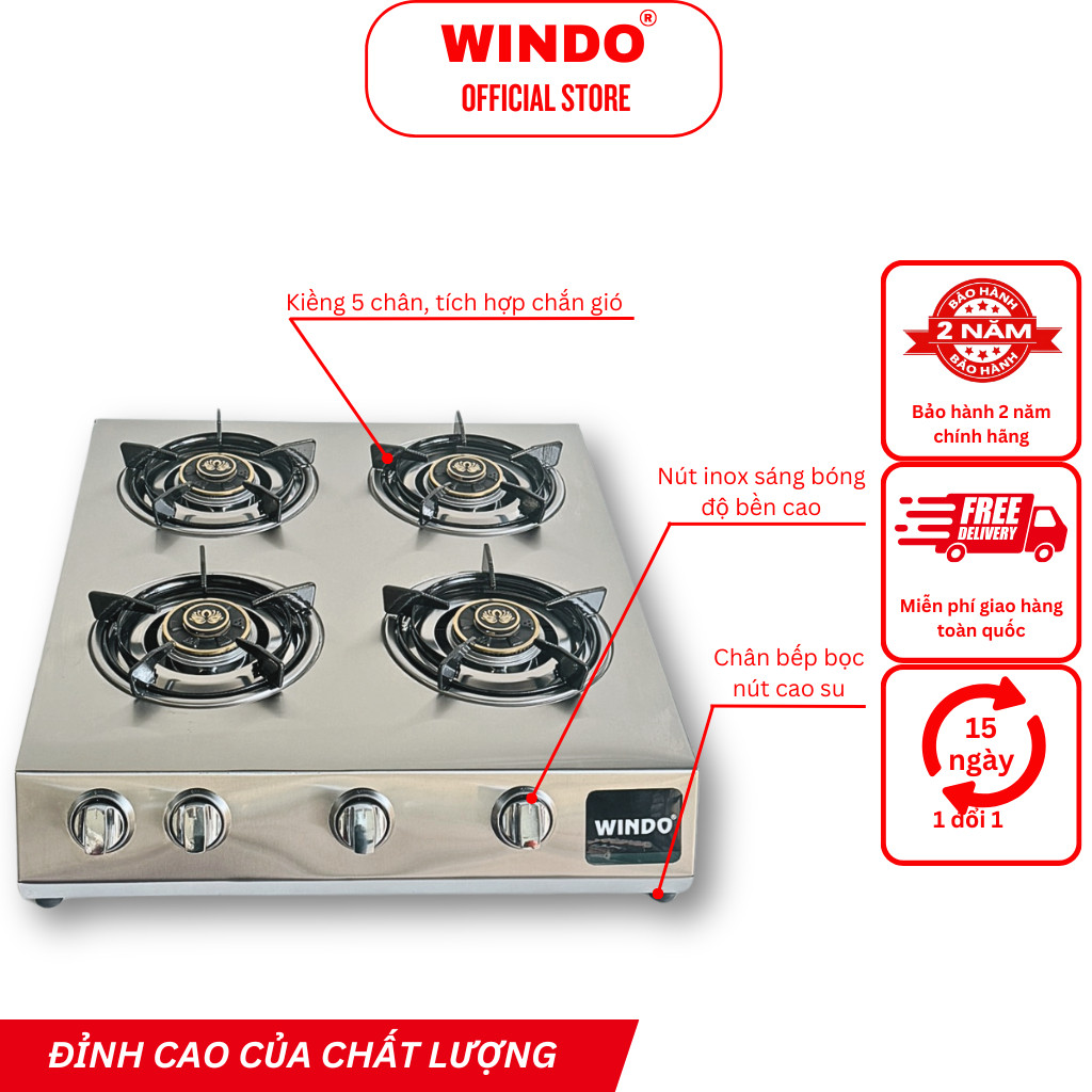 Bếp Gas Công Nghiệp Thấp Áp 4 Lò WINDO - 4 lò phi 80 - Hàng Chính Hãng