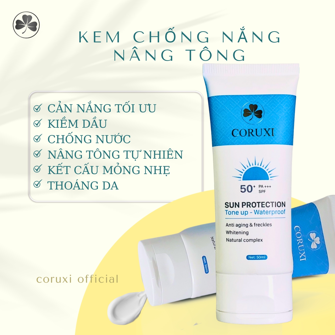 Kem Chống Nắng Coruxi Cho Da Dầu Mụn, Thoáng Da, Kiềm Dầu, Nâng Tone, Chống Nước, Ngừa Lão Hóa, Cho Da Đẹp Mịn Mướt Coruxi Chính Hãng 50ml