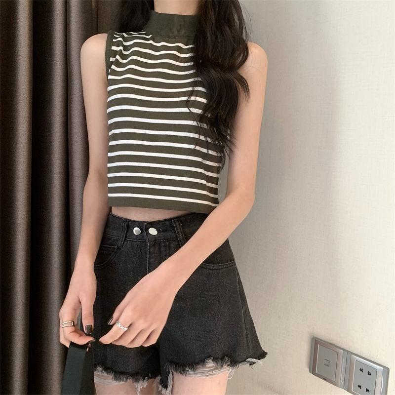 Áo len cổ 3 phân sát nách ngắn tay mỏng 3p nữ ba lỗ cổ cao đẹp croptop dệt kim họa tiết Kẻ Sọc kiểu Hàn Quốc ôm body H12