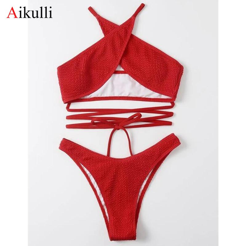 Gợi Cảm Sườn Criss Cross Dây Bikini Đồ Bơi Cho Nữ Đồ Bơi 2021 Brasil Bikini Bộ Đẩy Lên Áo Tắm Nữ Đi Biển