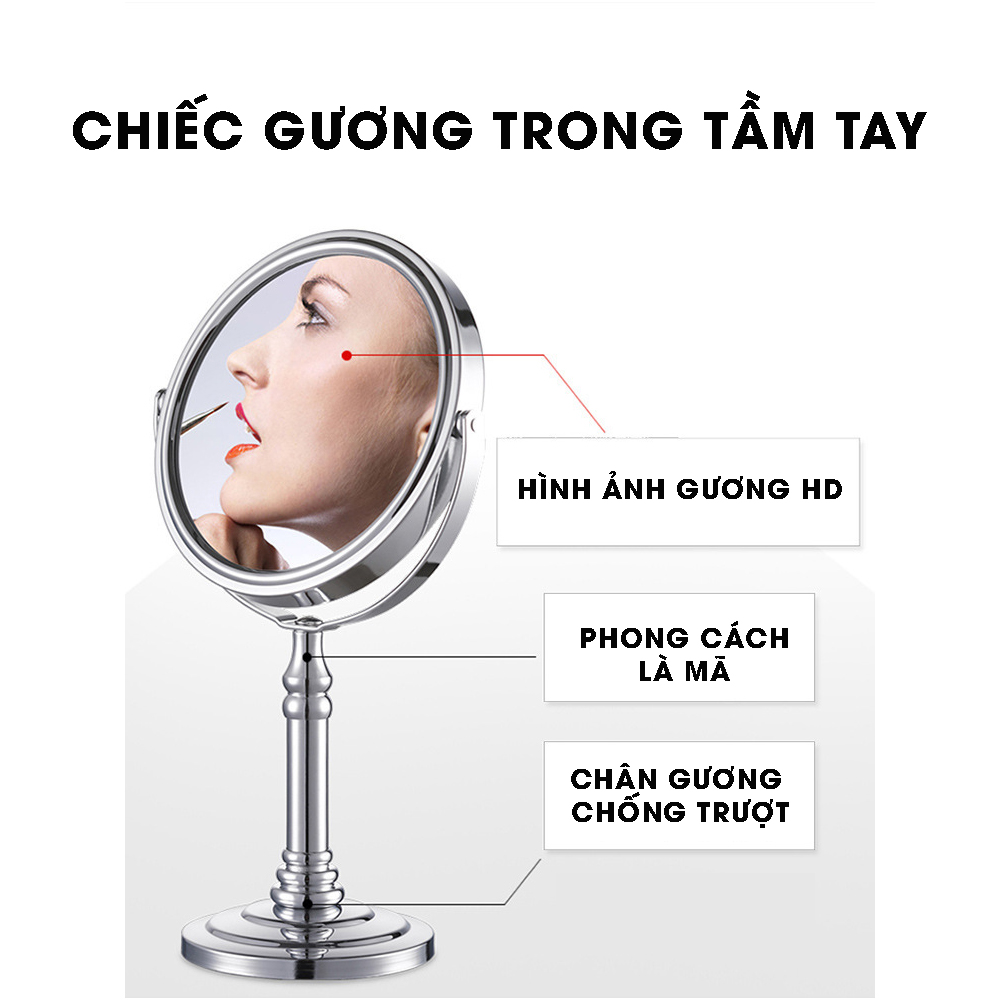 Gương trang điểm phóng đại 3 lần, xoay 360 độ, 2 mặt siêu nét, để bàn, Inox 304, Size 13cm, 15cm, 18cm, 20cm, Dan House 515