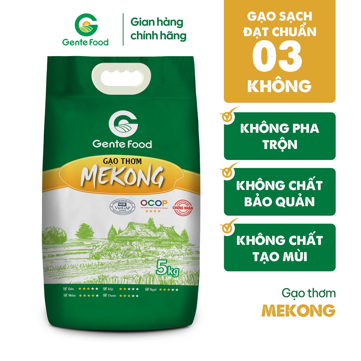 Gạo Mekong Gente Food 5kg - Thơm, Dẻo, Ngọt Vị, Ngon cơm