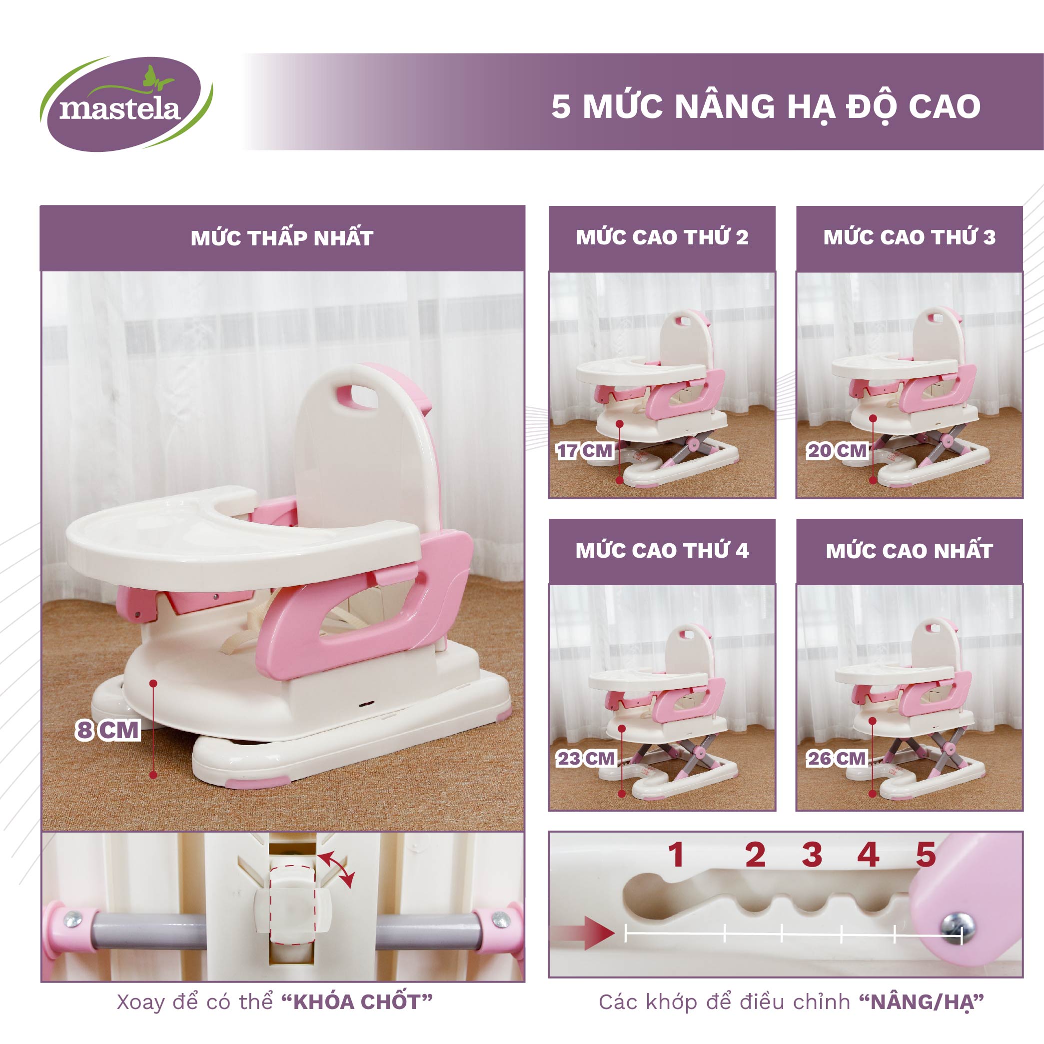 Ghế ăn dặm cho bé gấp gọn và nâng hạ độ cao Mastela 7110 - 7112 - Ghế tập ăn dặm đạt chuẩn ASTM Mỹ BPA Free