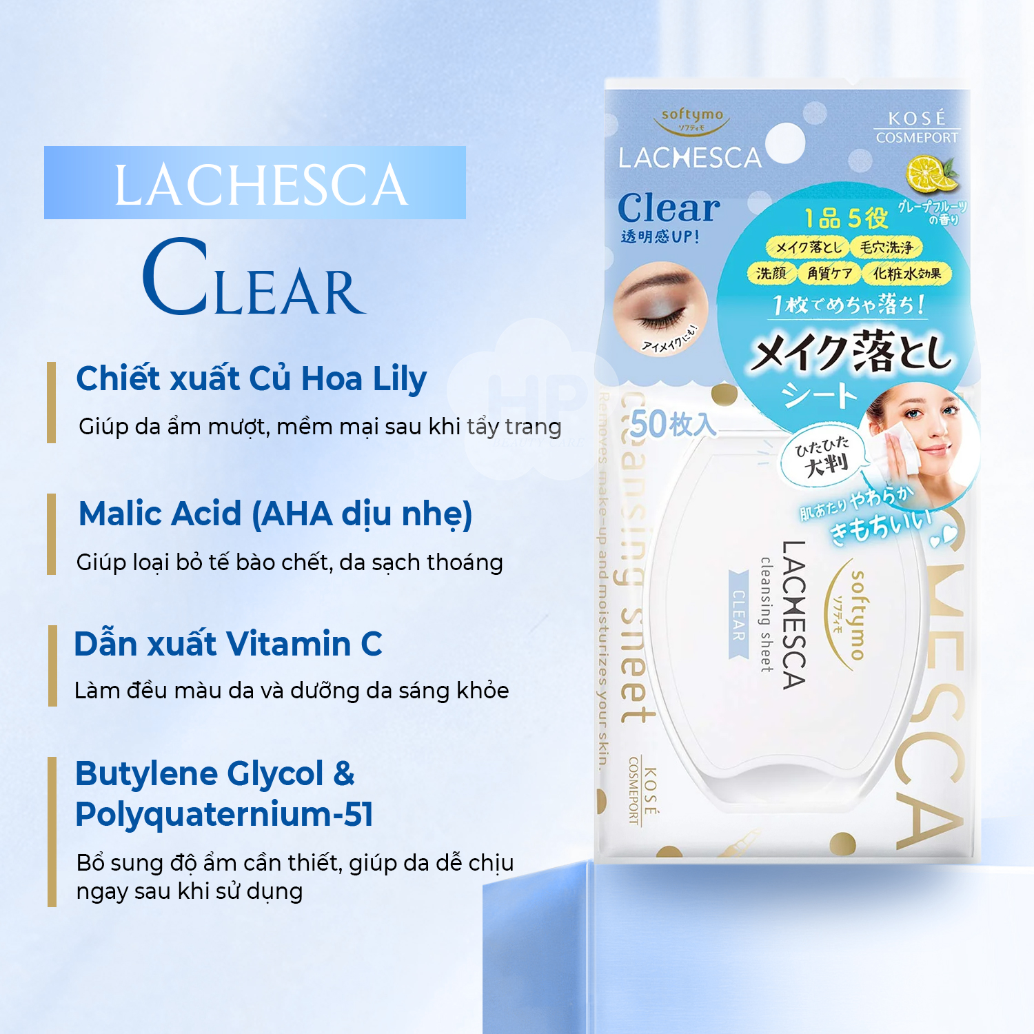 Khăn Giấy Tẩy Trang Lachesca Giúp Dưỡng Trắng Da Softymo Lachesca Cleansing Sheet n Clear 50 Tờ / Hộp