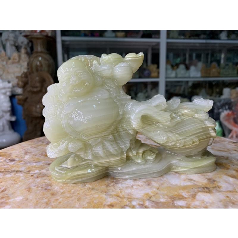 Tượng Cụ Di Lặc Cười Hoan Hỉ Kéo Túi Vàng Đá Ngọc Onix - ngang 15cm