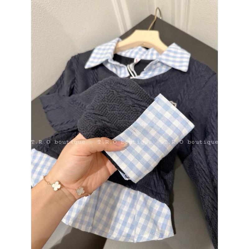 Set len thừng pha thô kẻ logo ngực Tro QC BY JOLIE