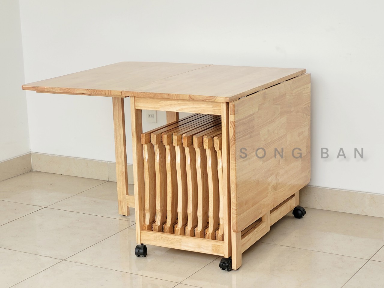 Bàn Ăn Gỗ Cao Su Xếp Gọn 90 x 1m6 Thông Minh Dày Dặn Chắc Chắn - Hàng VN Xuất Khẩu