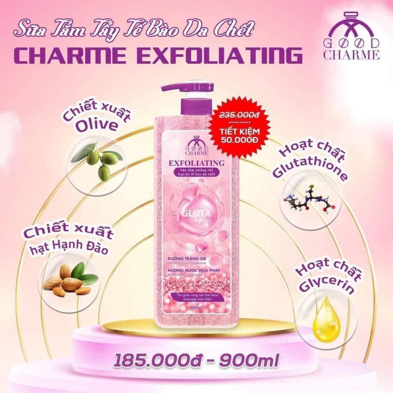 Sữa tắm tẩy tế bào chết, Charme Exfoliating, chiết xuất thiên nhiên, dưỡng trắng, làn da mềm mịn, 900ml