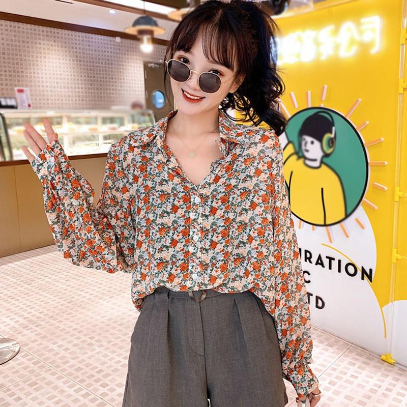 Áo Sơ Mi Tay Dài Form Rộng Họa Tiết Hoa Phong Cách Vintage