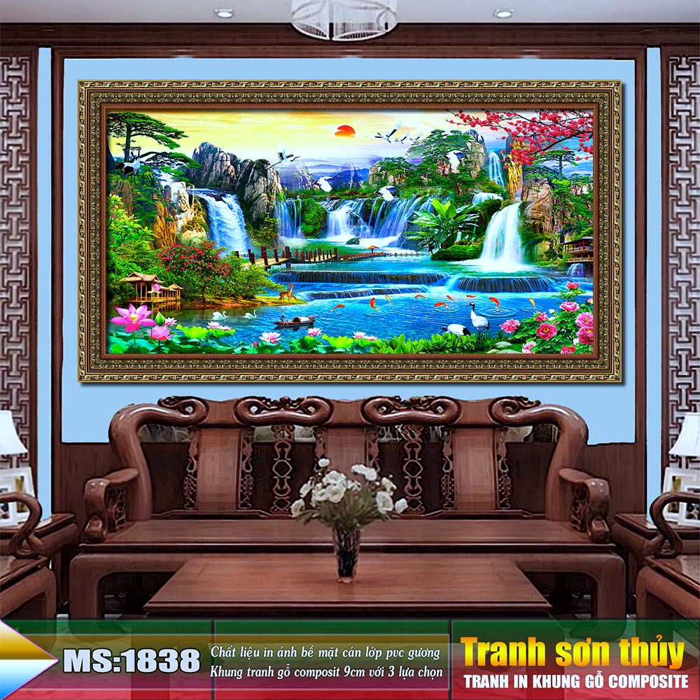 Tranh treo tường phòng khách, phòng ngủ SƠN THỦY HỮU TÌNH khung gỗ composit chất liệu pvc gương. MS:1838
