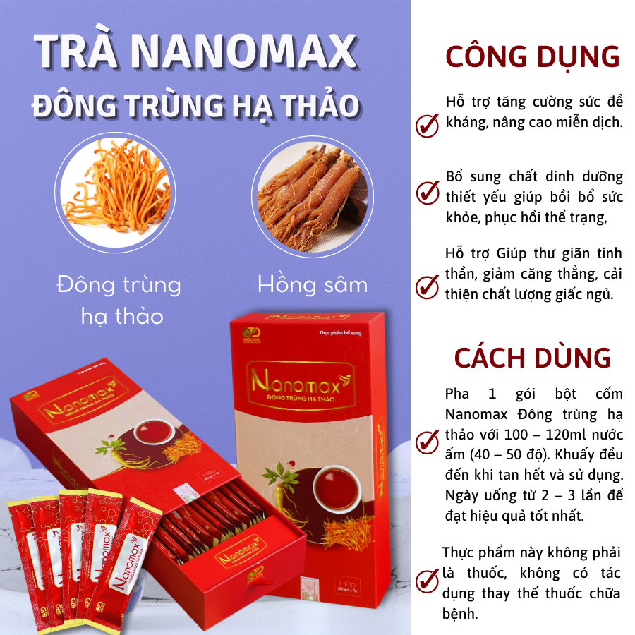 Trà hòa tan dạng cốm Nanomax Đông trùng hạ thảo hộp 20 gói hữu cơ