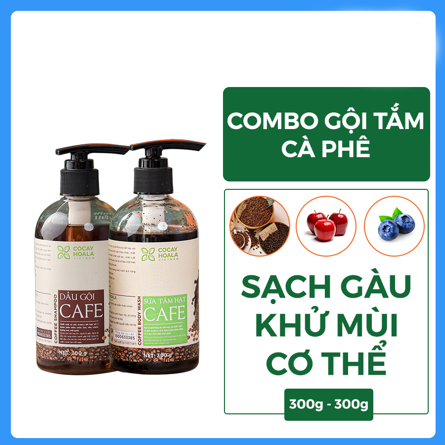 Combo dầu gội sữa tắm chiết xuất cà phê, sạch gàu, khử mùi cơ thể, tẩy tế bào chết Cocayhoala 300g