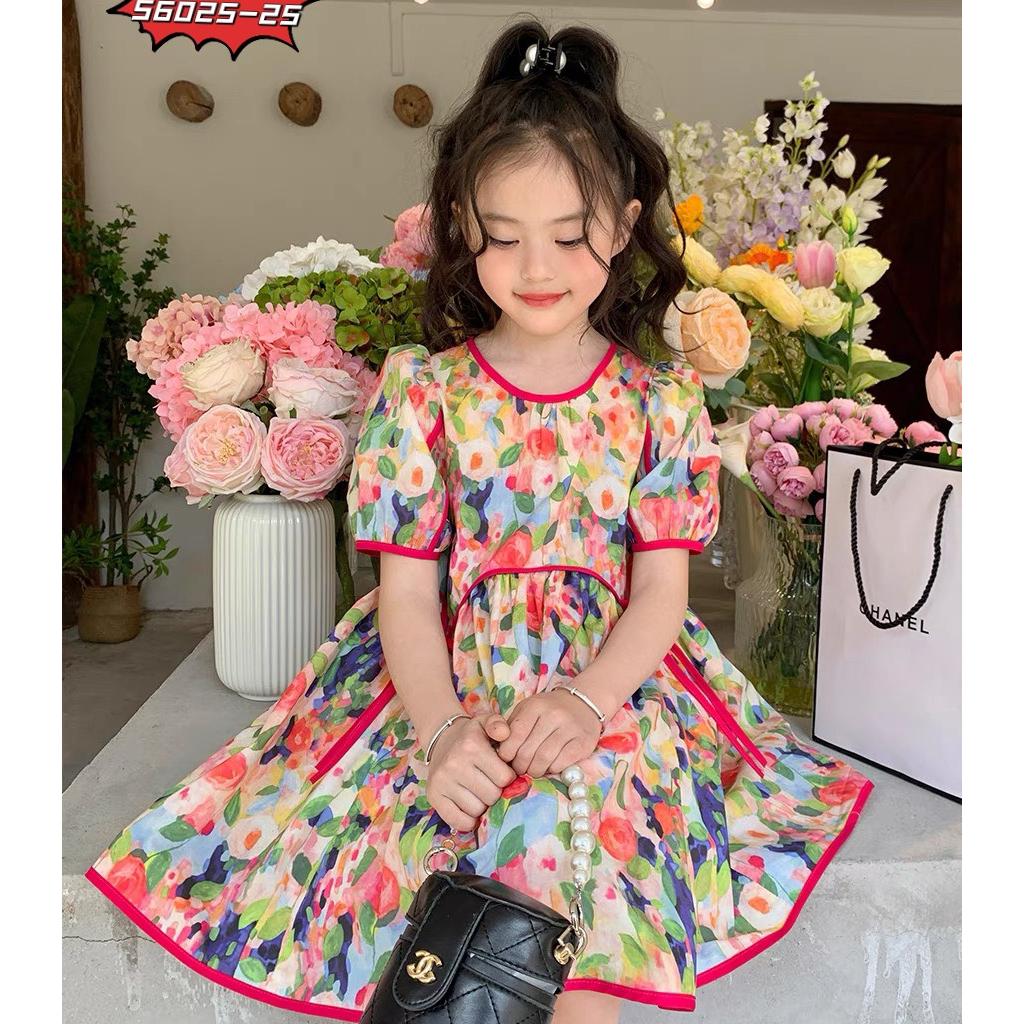Đầm váy babydoll tay phồng cho bé gái màu hồng diện đi chơi đi học đẹp size 12-40kg chất kate mềm mát