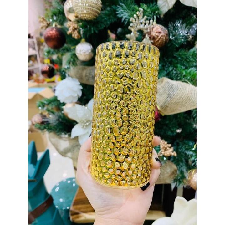 Bộ 6 ly thủy tinh chịu nhiệt uống nước vân sần vàng dáng ống