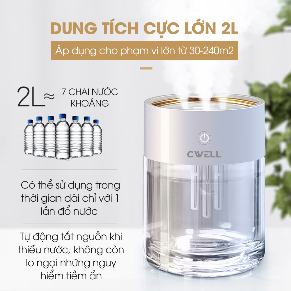 Máy phun sương mini CWELL tích hợp đèn Led nhiều màu, phun sương tạo ẩm không khí dung tích lớn 2L