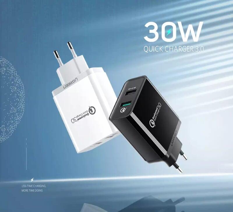 Ugreen UG30599CD132TK 30W màu Đen Củ sạc nhanh 2 cổng USB chuẩn QC 3.0 + 2.4A - HÀNG CHÍNH HÃNG