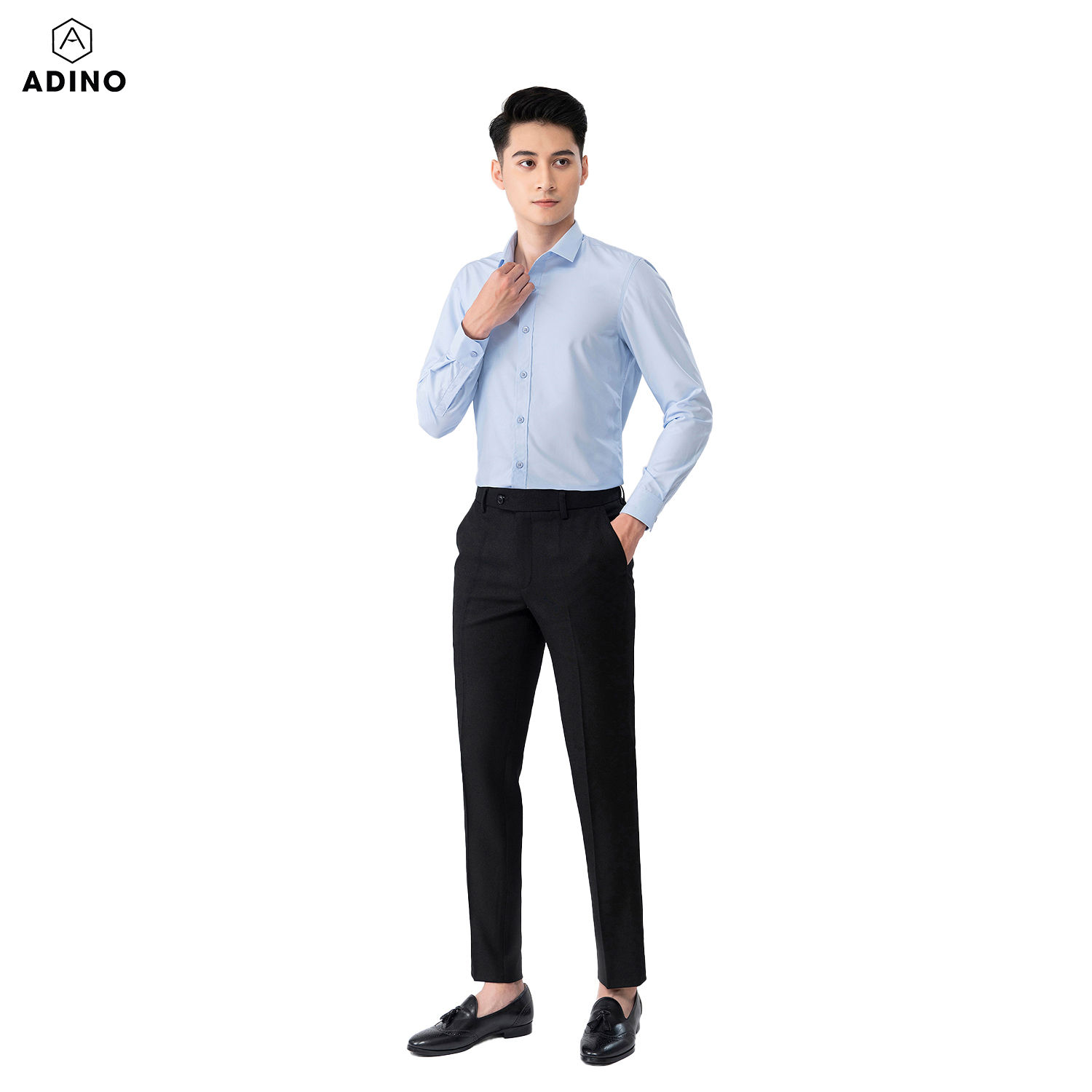 Áo sơ mi nam tay dài ADINO màu xanh nhạt dáng slimfit vải modal trẻ trung S304