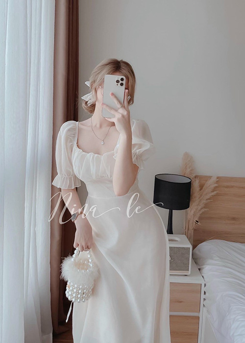 Đầm Voan Chinhfon Tay Phồng Xếp Ly Ngực Xinh Xắn