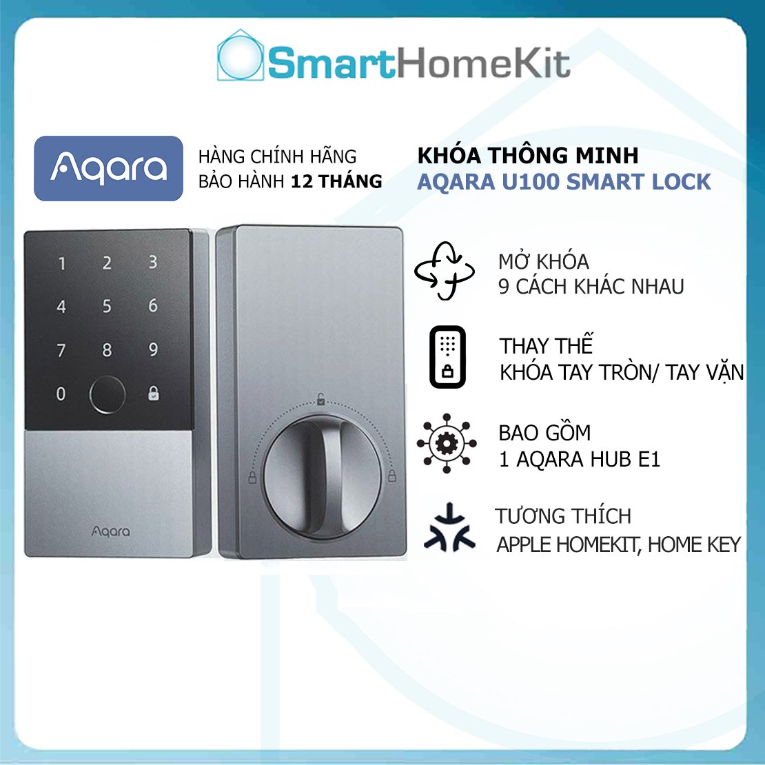 Bộ khóa thông minh Aqara U100 Smart Lock Kit Matter Có sẵn Aqara Hub E1 Mở khóa bằng ứng dụng, vân tay, thẻ từ - Hàng Chính Hãng