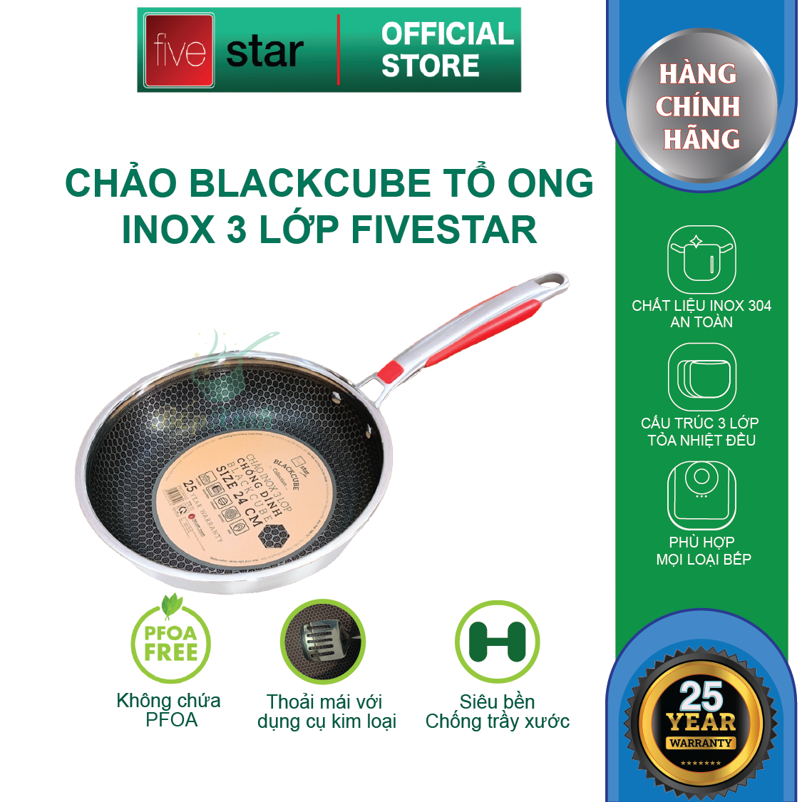 Chảo chống dính Blackcube tổ ong cao cấp Fivestar Plus 3 lớp đúc liền 24cm quai silicon