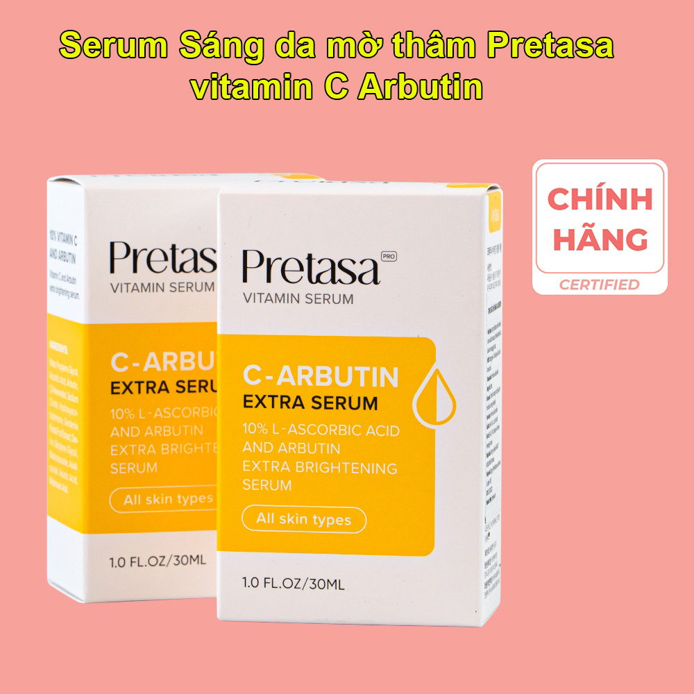 Serum Sáng da mờ thâm PRETASA vitamin C Arbutin Extra Serum - Hàng Chính Hãng