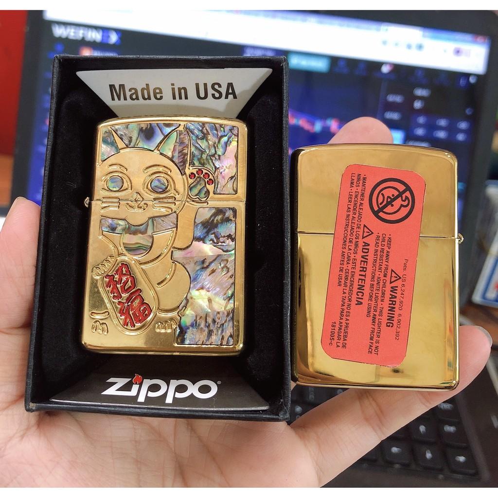 BẬT LỬA ZIPPO ARMOR VỎ DẦY KHẮC ĂN MÒN CẨN XÀ CỪ, HÌNH MÈO CHIÊU TÀI, RUỘT VÀNG