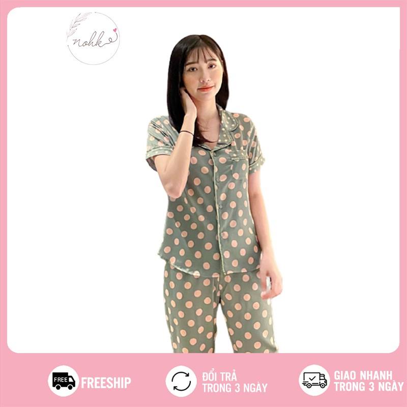 Bộ ngủ Pijama lụa chấm bi to cộc tay cao cấp