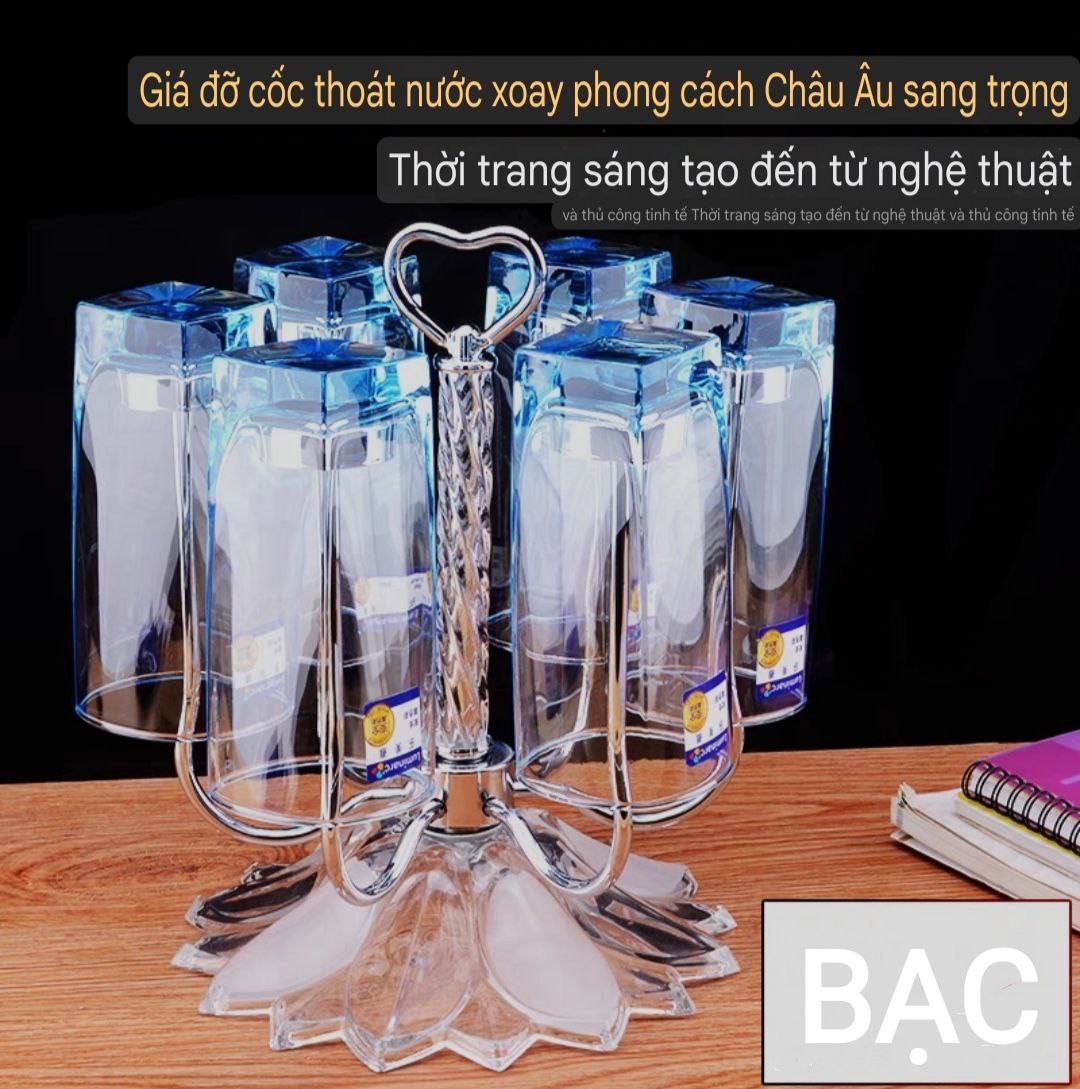 GIÁ ÚP CỐC ĐỂ BÀN INOX CAO CẤP CHÂN PHA LÊ - GIÁ ĐỠ ÚP LY CỐC INOX &amp; THỦY TINH PHA LÊ LUXURY THOÁT NƯỚC XOAY  PHONG CÁCH CHÂU ÂU SANG TRỌNG