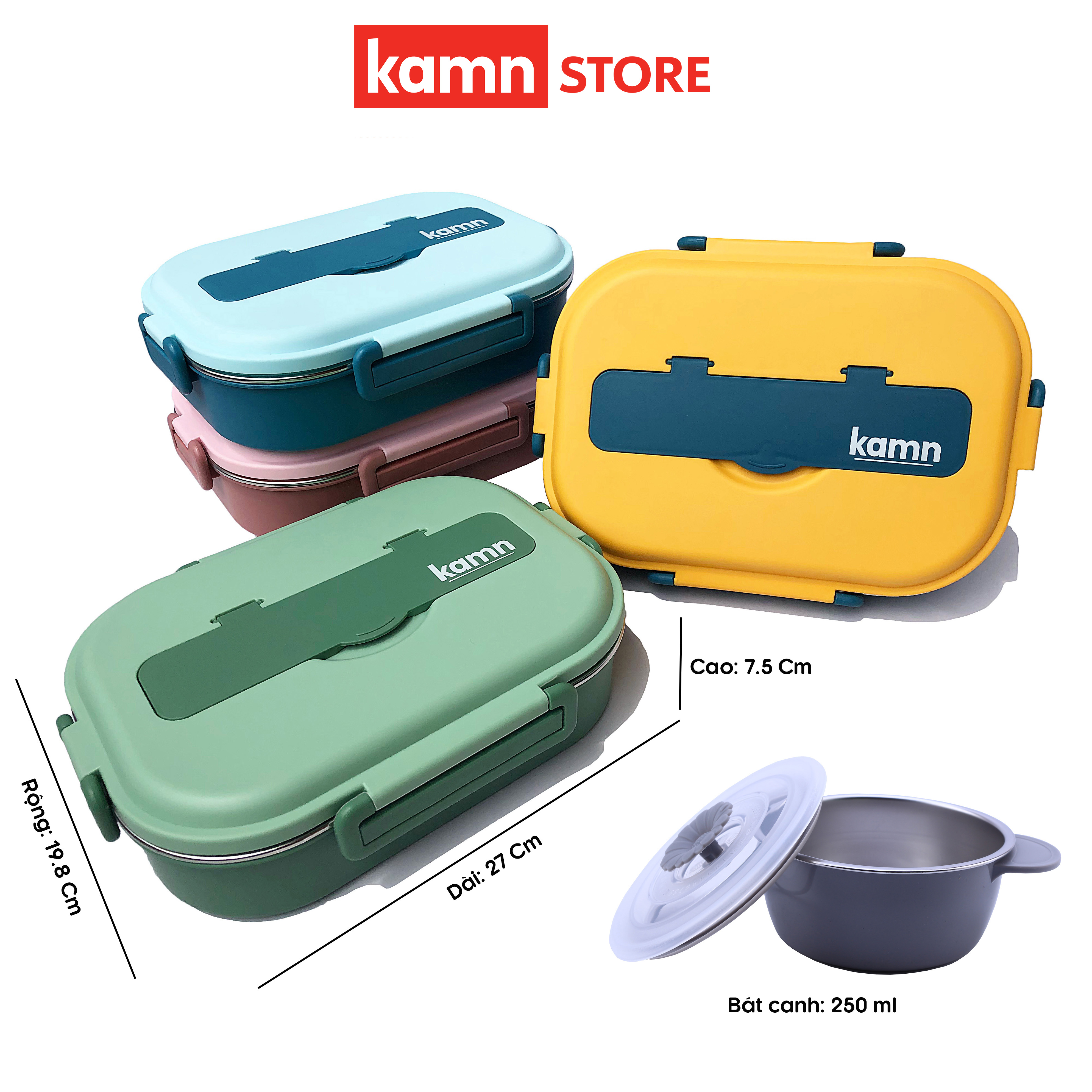 Hộp đựng cơm văn phòng giữ nhiệt Yummy Kamn, inox 304, 4 ngăn chống tràn, 4 màu hiện đại, hâm nóng đơn giản